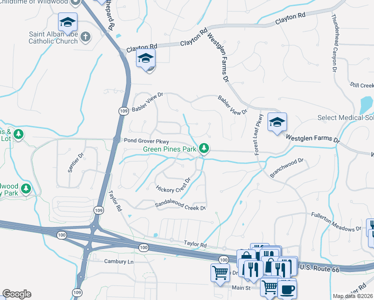 map of restaurants, bars, coffee shops, grocery stores, and more near 16701 Hickory Crest Drive in Ballwin