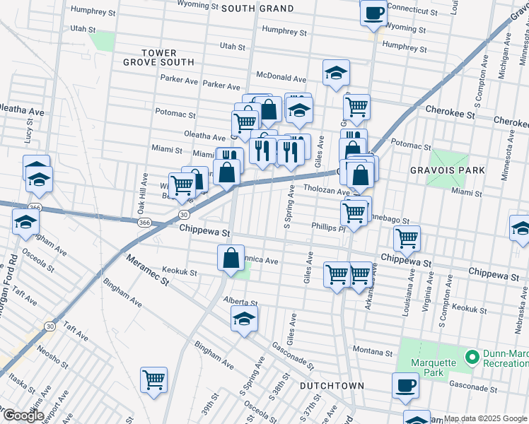map of restaurants, bars, coffee shops, grocery stores, and more near 3701 Bamberger Avenue in St. Louis