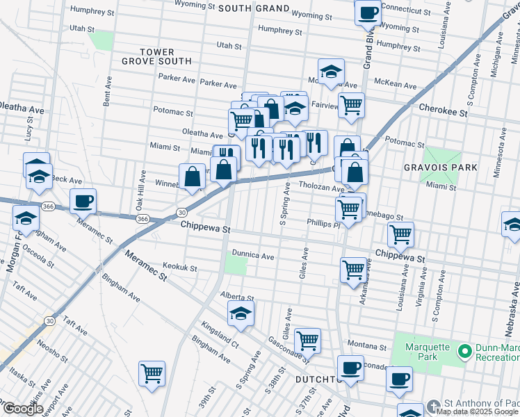 map of restaurants, bars, coffee shops, grocery stores, and more near 3701 Bamberger Avenue in St. Louis