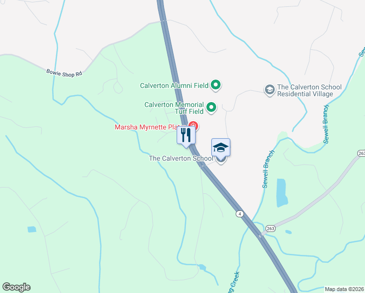 map of restaurants, bars, coffee shops, grocery stores, and more near 10 Hillside Court in Huntingtown