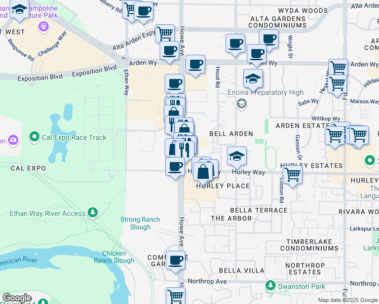 map of restaurants, bars, coffee shops, grocery stores, and more near 1326 Howe Avenue in Sacramento