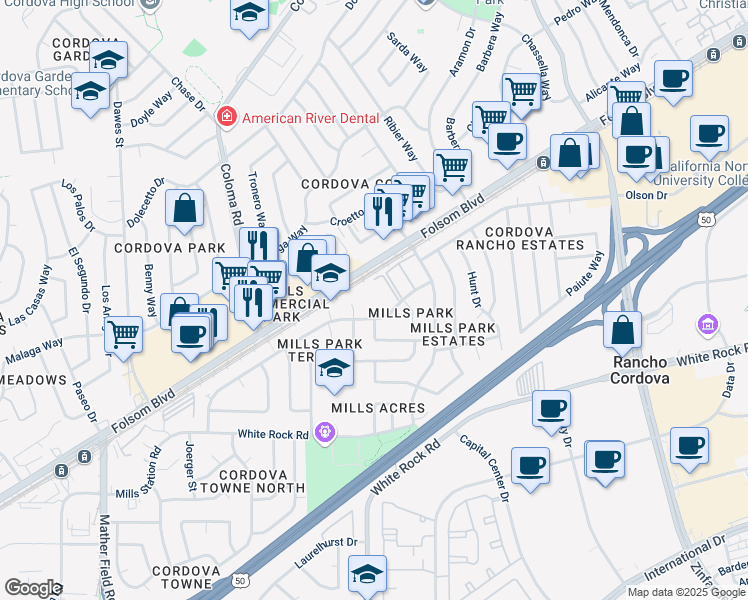 map of restaurants, bars, coffee shops, grocery stores, and more near 10515 Mills Tower Drive in Rancho Cordova