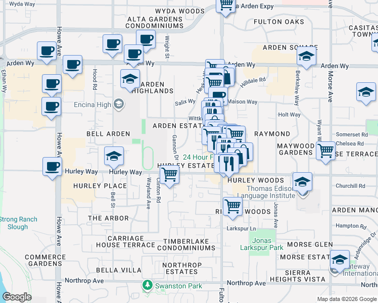 map of restaurants, bars, coffee shops, grocery stores, and more near 1414 Hesket Way in Sacramento