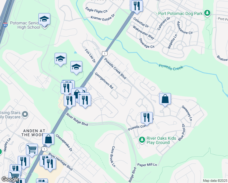map of restaurants, bars, coffee shops, grocery stores, and more near 2901 Wetherburn Court in Woodbridge