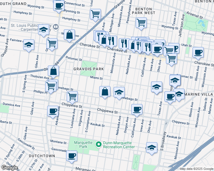 map of restaurants, bars, coffee shops, grocery stores, and more near 3100 Miami Street in St. Louis