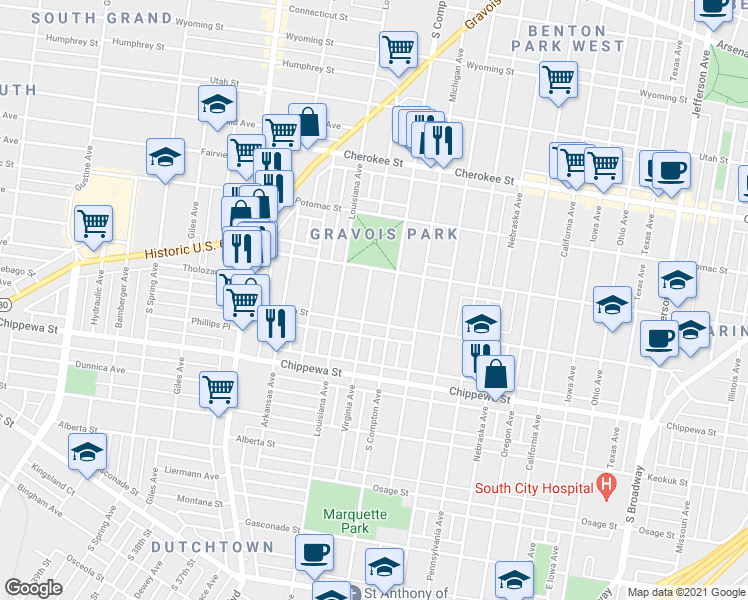 map of restaurants, bars, coffee shops, grocery stores, and more near 3622 Virginia Avenue in St. Louis