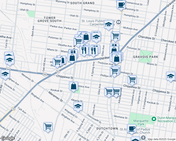 map of restaurants, bars, coffee shops, grocery stores, and more near 3638 Bamberger Avenue in St. Louis
