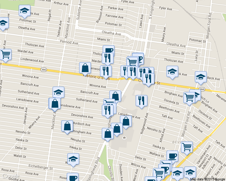 map of restaurants, bars, coffee shops, grocery stores, and more near 4945 Winona Avenue in St. Louis