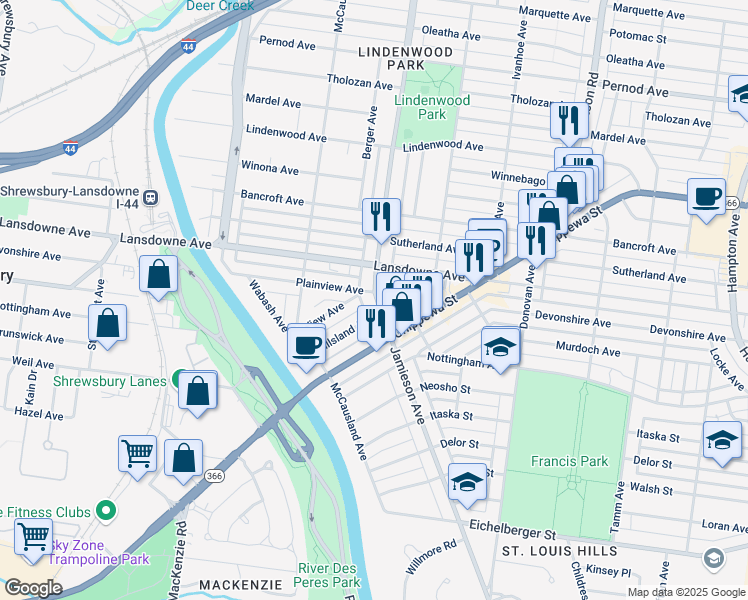 map of restaurants, bars, coffee shops, grocery stores, and more near 5919 Plainview Avenue in St. Louis
