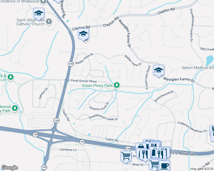 map of restaurants, bars, coffee shops, grocery stores, and more near 16701 Hickory Crest Drive in Ballwin