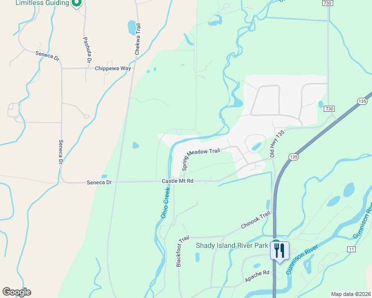 map of restaurants, bars, coffee shops, grocery stores, and more near 253 Spring Meadow Trail in Gunnison