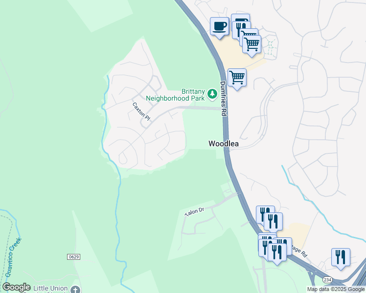 map of restaurants, bars, coffee shops, grocery stores, and more near 16714 Friar Loop in Dumfries