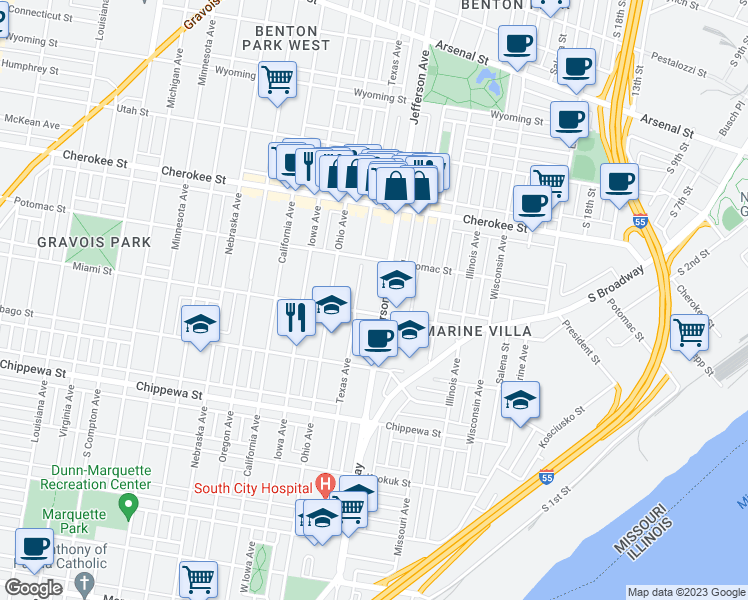 map of restaurants, bars, coffee shops, grocery stores, and more near 3535 Jefferson Avenue in St. Louis