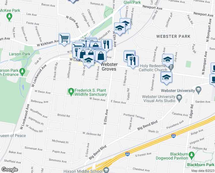 map of restaurants, bars, coffee shops, grocery stores, and more near 114 South Elm Avenue in Webster Groves