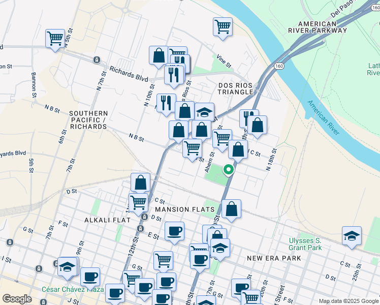 map of restaurants, bars, coffee shops, grocery stores, and more near 1317 North B Street in Sacramento
