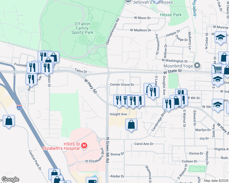 map of restaurants, bars, coffee shops, grocery stores, and more near 221 Eagle Ridge in O'Fallon