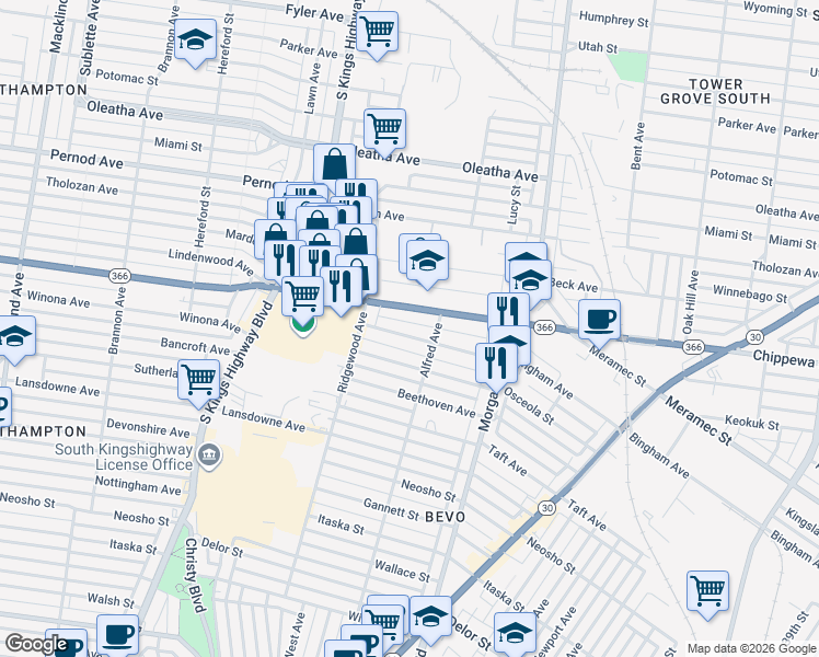 map of restaurants, bars, coffee shops, grocery stores, and more near 4443 Bingham Avenue in St. Louis