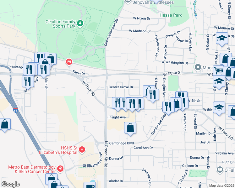 map of restaurants, bars, coffee shops, grocery stores, and more near 221 Eagle Ridge in O'Fallon