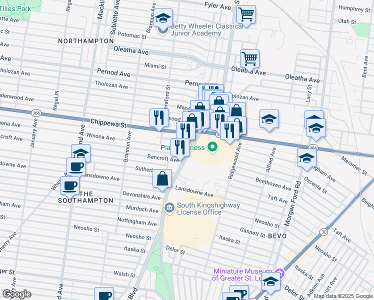 map of restaurants, bars, coffee shops, grocery stores, and more near 4909 Winona Avenue in St. Louis