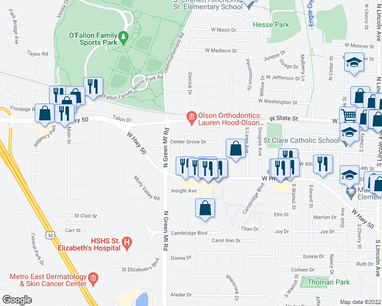 map of restaurants, bars, coffee shops, grocery stores, and more near 285 Eagle Ridge in O'Fallon