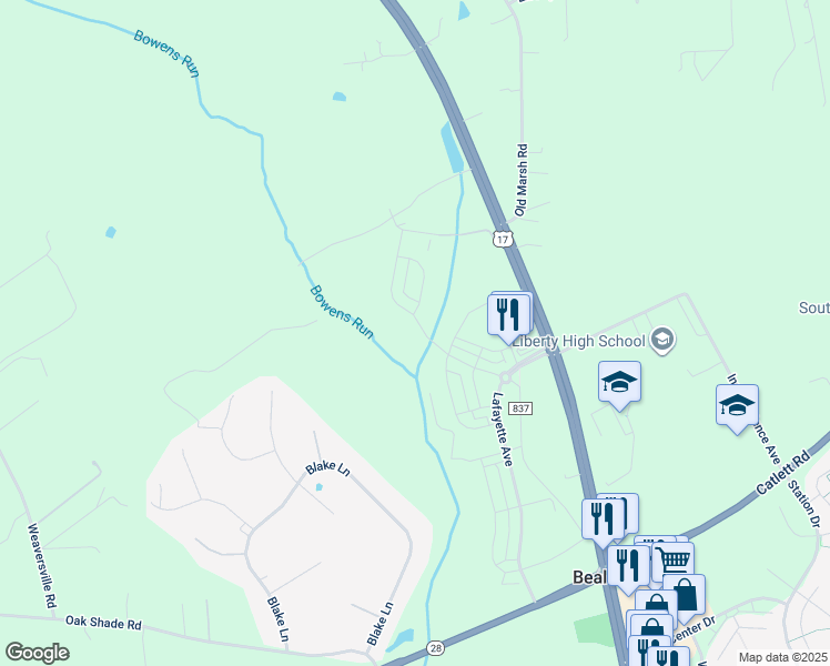map of restaurants, bars, coffee shops, grocery stores, and more near 7581 Hancock Street in Bealeton