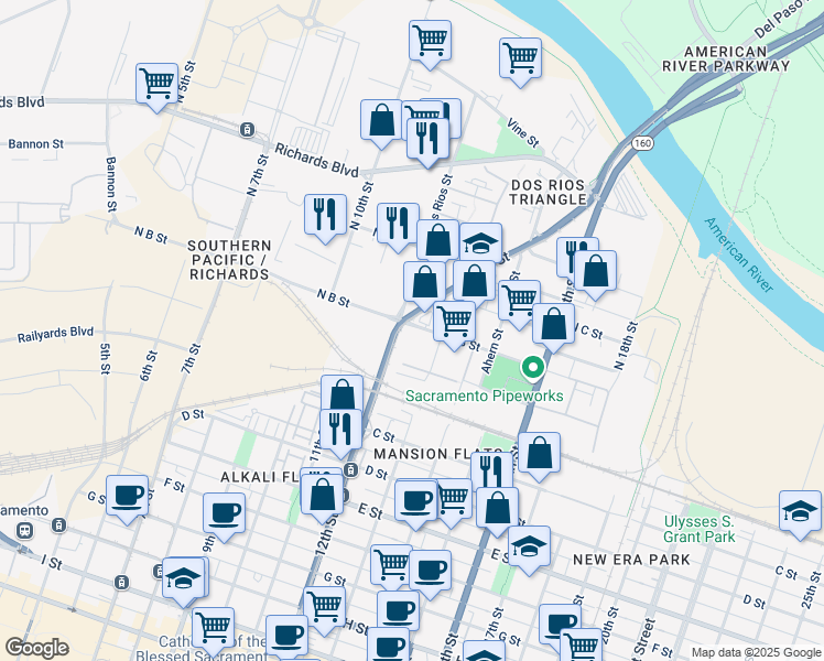 map of restaurants, bars, coffee shops, grocery stores, and more near 1200 North B Street in Sacramento