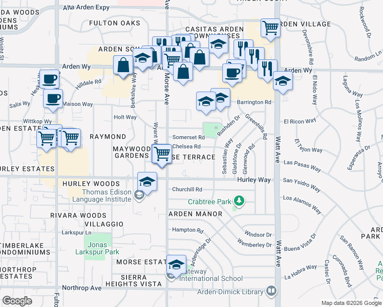 map of restaurants, bars, coffee shops, grocery stores, and more near 3128 Chelsea Road in Sacramento