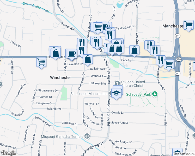 map of restaurants, bars, coffee shops, grocery stores, and more near 408 Orchard Avenue in Ballwin