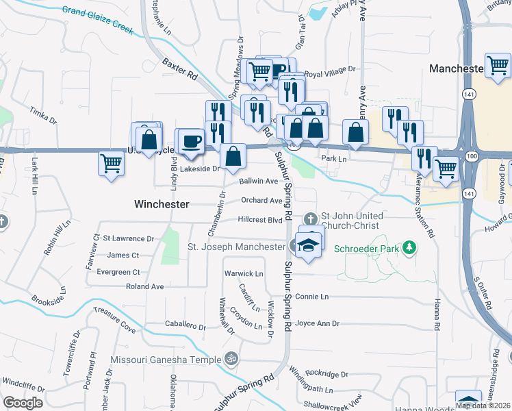 map of restaurants, bars, coffee shops, grocery stores, and more near 408 Orchard Avenue in Ballwin