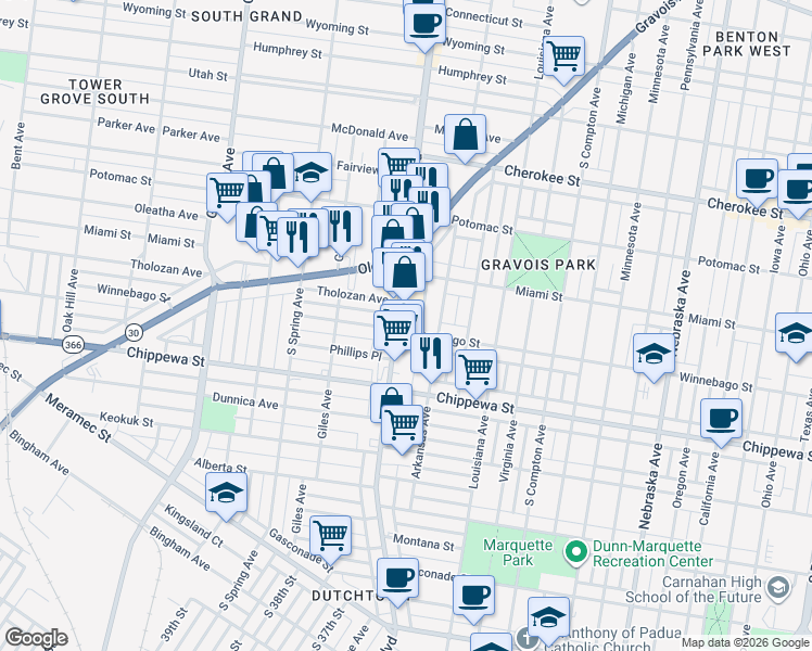 map of restaurants, bars, coffee shops, grocery stores, and more near 3661 South Grand Boulevard in St. Louis
