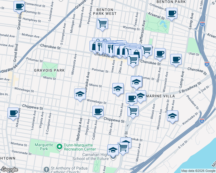 map of restaurants, bars, coffee shops, grocery stores, and more near 2731 Miami Street in St. Louis
