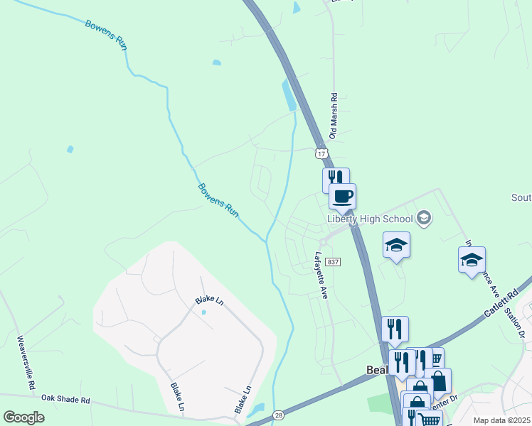 map of restaurants, bars, coffee shops, grocery stores, and more near 7581 Hancock Street in Bealeton