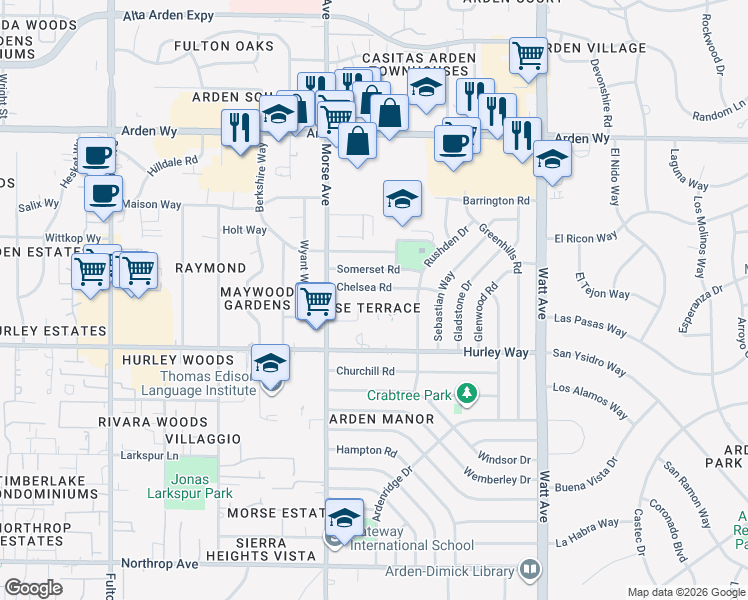 map of restaurants, bars, coffee shops, grocery stores, and more near 3128 Chelsea Road in Sacramento