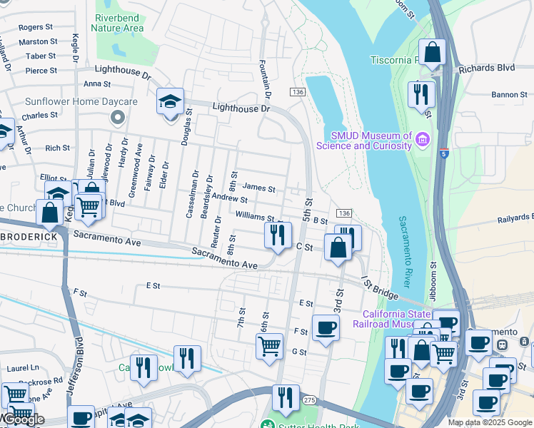 map of restaurants, bars, coffee shops, grocery stores, and more near 611 Andrew Street in West Sacramento