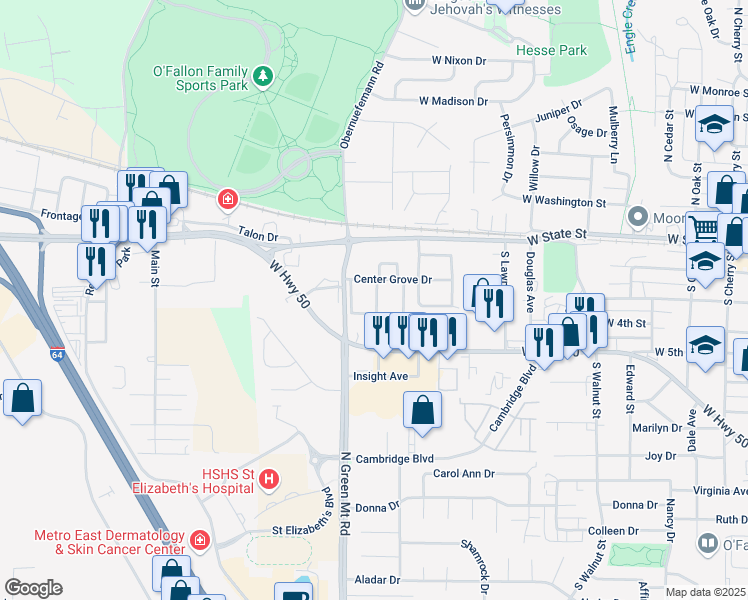map of restaurants, bars, coffee shops, grocery stores, and more near 221 Eagle Ridge in O'Fallon