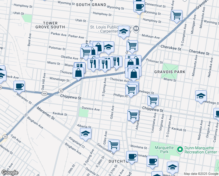 map of restaurants, bars, coffee shops, grocery stores, and more near 3722 Winnebago Street in St. Louis