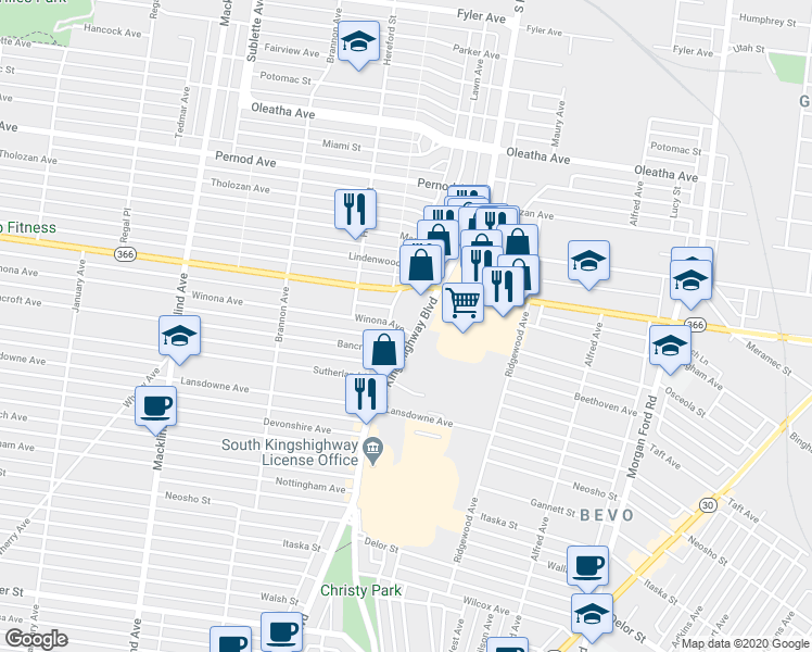 map of restaurants, bars, coffee shops, grocery stores, and more near 4247 South Kingshighway Boulevard in St. Louis