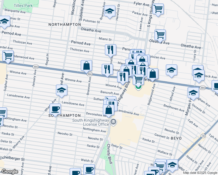 map of restaurants, bars, coffee shops, grocery stores, and more near 4945 Winona Avenue in St. Louis
