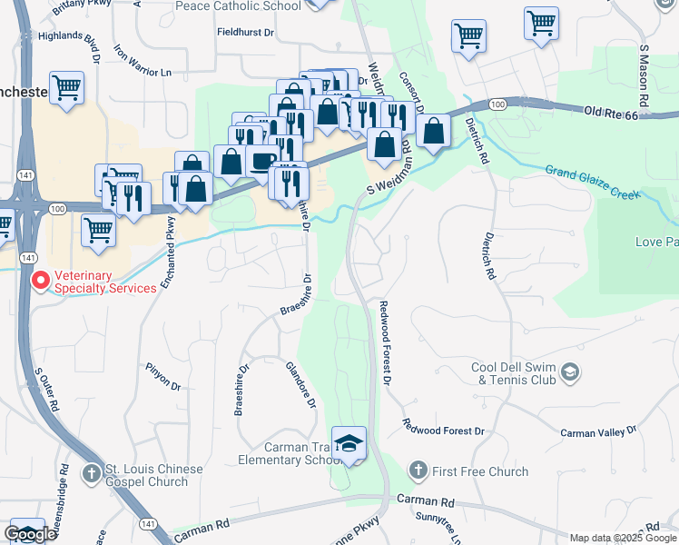 map of restaurants, bars, coffee shops, grocery stores, and more near 304 Oak Moss Walk in Ballwin