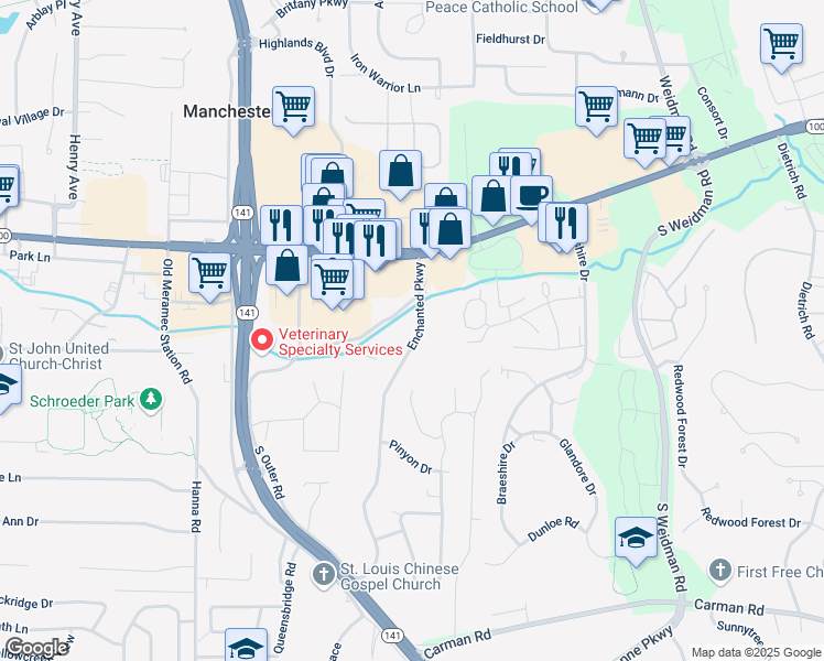 map of restaurants, bars, coffee shops, grocery stores, and more near 207 Enchanted Parkway in Manchester