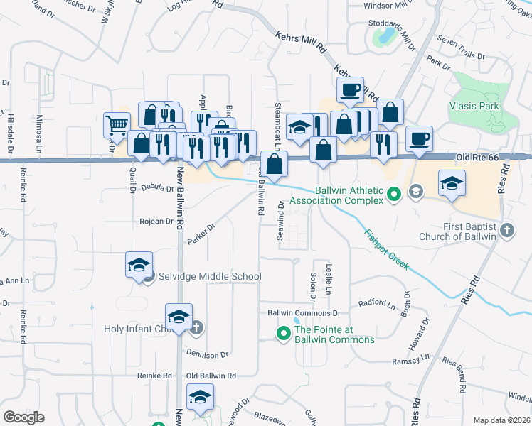 map of restaurants, bars, coffee shops, grocery stores, and more near 124 Old Ballwin Road in Ballwin