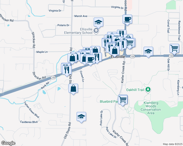 map of restaurants, bars, coffee shops, grocery stores, and more near 30 Cathcart Drive in Ellisville