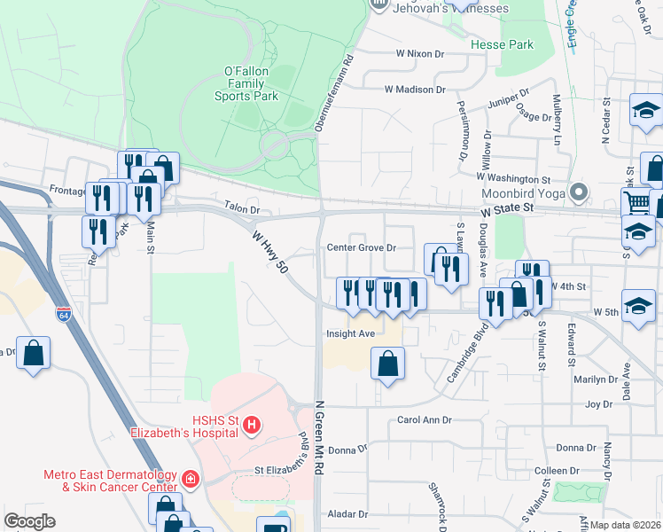 map of restaurants, bars, coffee shops, grocery stores, and more near 221 Eagle Ridge in O'Fallon