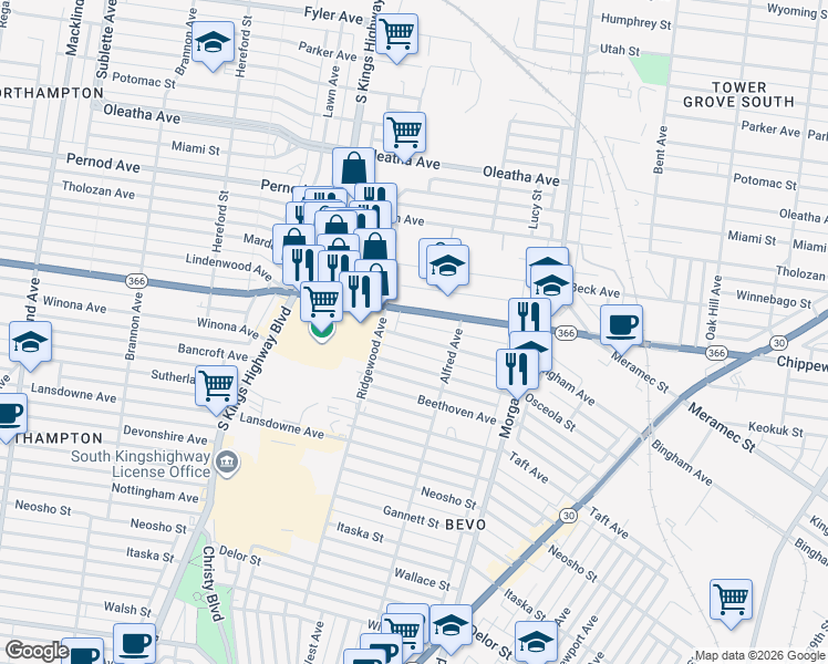 map of restaurants, bars, coffee shops, grocery stores, and more near 4443 Bingham Avenue in St. Louis