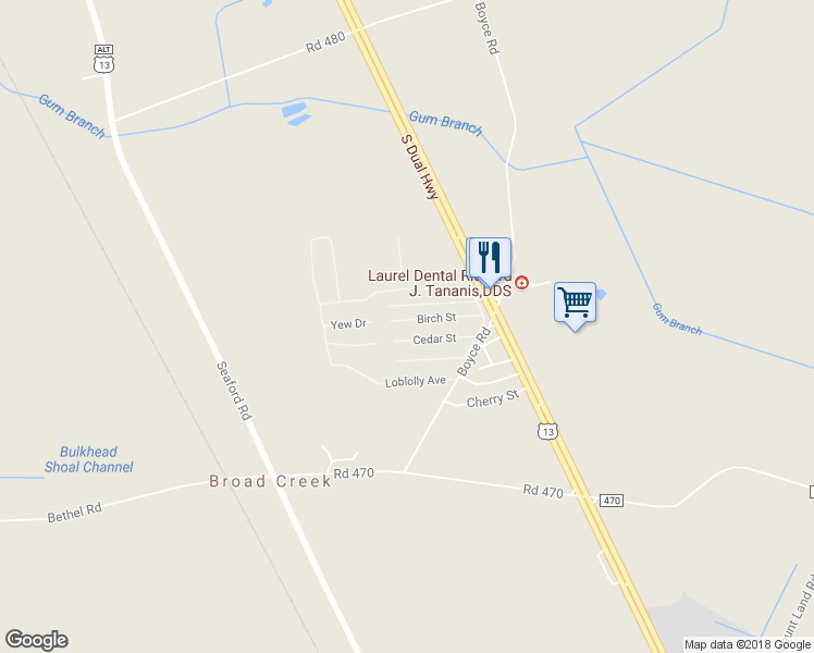 map of restaurants, bars, coffee shops, grocery stores, and more near 9940 Birch Street in Laurel