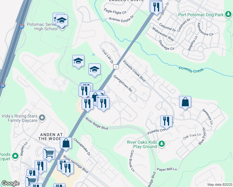 map of restaurants, bars, coffee shops, grocery stores, and more near 16725 Diamondleaf Oak Lane in Woodbridge