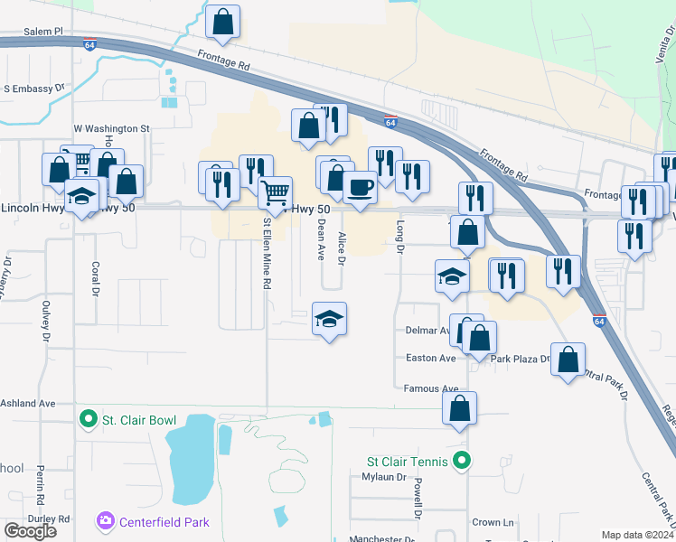 map of restaurants, bars, coffee shops, grocery stores, and more near 117 Alice Drive in O'Fallon