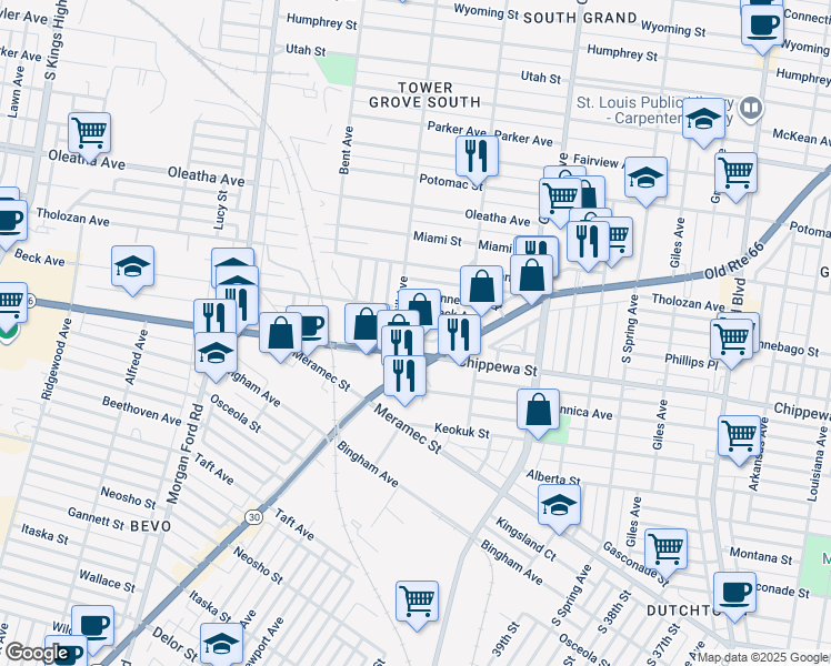 map of restaurants, bars, coffee shops, grocery stores, and more near 4056 Phillips Avenue in St. Louis