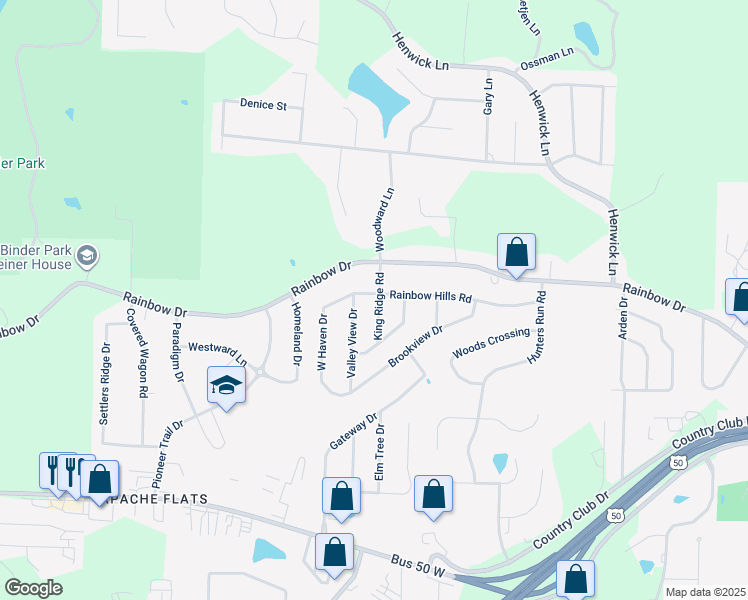 map of restaurants, bars, coffee shops, grocery stores, and more near 116 King Ridge Road in Jefferson City