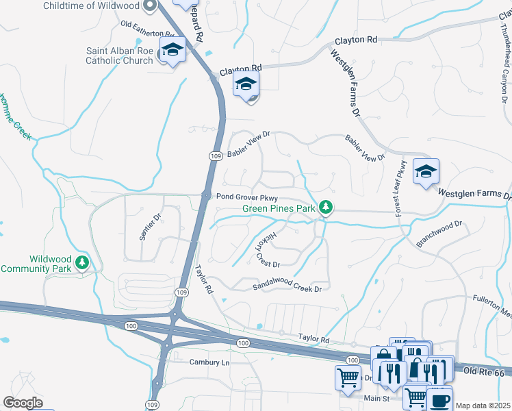 map of restaurants, bars, coffee shops, grocery stores, and more near 16931 Hickory Forest Lane in Ballwin